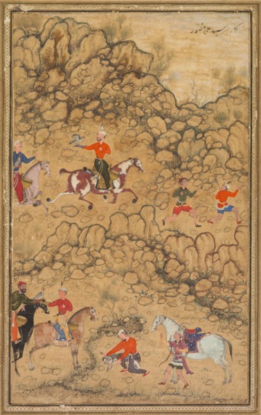 Hunting with falcons in a landscape; Verso: Calligraphy of Chaghatai Turkish poems in praise of