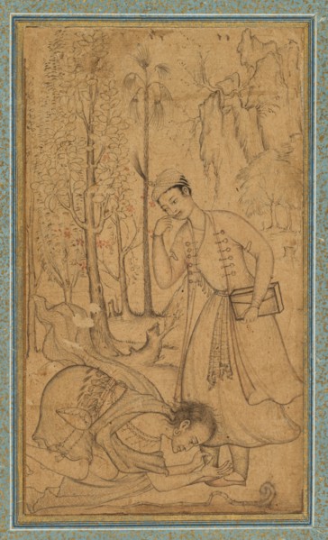 A Holy Man Prostrating Himself Before a Learned Prince, c. 1585; border added probably 1700s.