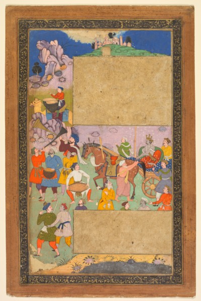 A charioteer riding through a rocky landscape with an entourage of footmen and musicians, page from