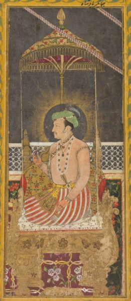 Posthumous portrait of Emperor Jahangir under a canopy (recto); Calligraphy (verso), c. 1650.