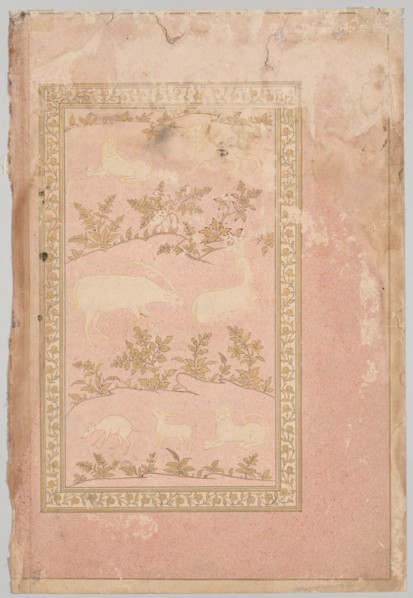 Stenciled Scenes of Lion and Gazelle, c. 1710. India, Mughal, early 18th century. Ink and gold on