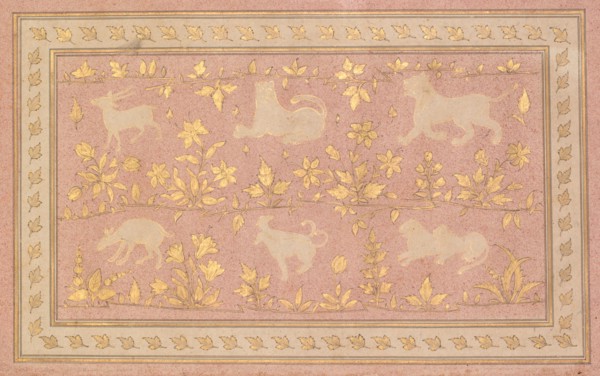 Stenciled Scenes of Lion and Gazelle, c. 1710. India, Mughal, early 18th century. Ink and gold on