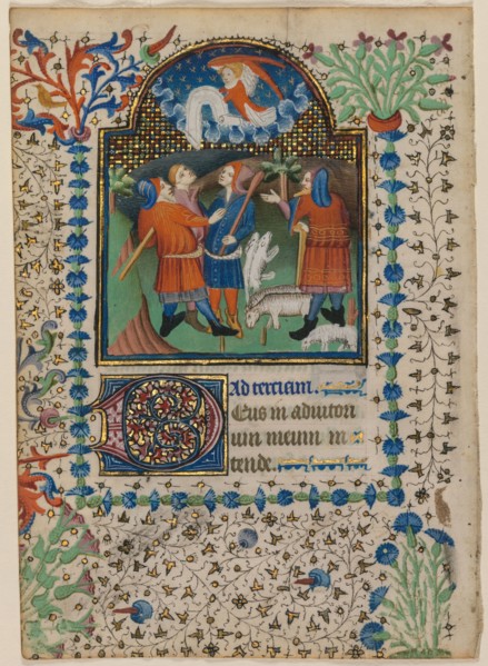 Leaf from a Book of Hours: Annunciation to the Shepherds (recto), c. 1410-20. Boethius Illuminator