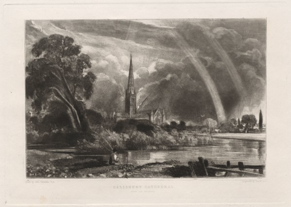 Salisbury Cathedral from the Meadows (Small Plate), 1855. David Lucas (British, 1802-1881), after