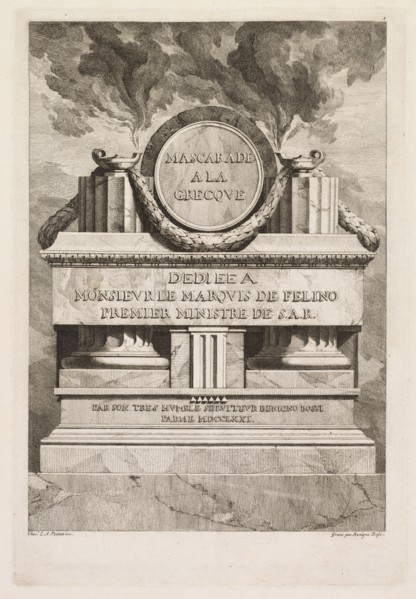Mascarade à la Grecque: Dedication Page, 1771. Benigno Bossi (Italian, 1727-1792). Etching
