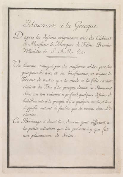 Mascarade à la Grecque: Title Page (Plate 1), 1771. Benigno Bossi (Italian, 1727-1792). Etching