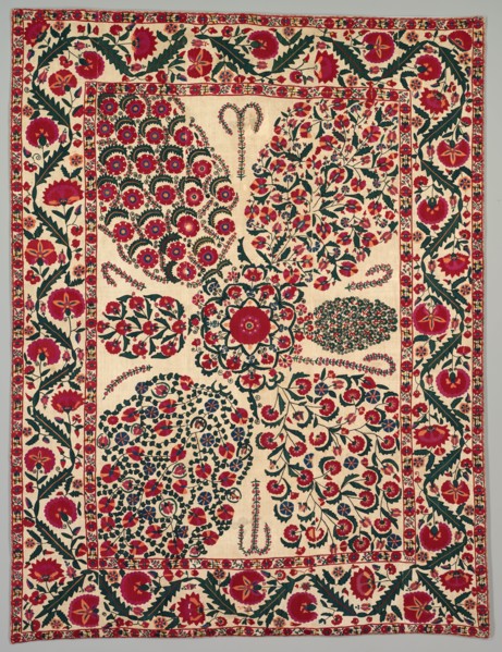 Suzani with floral sprays, 1800-1850. Central Asia, South West Uzbekistan, Shakhrisyabz. Plain