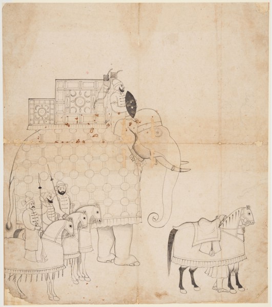 A drawing of Caparisoned Elephant and Horses, c. 1760. India, Jammu. miniature: 41 x 36.2 cm (16