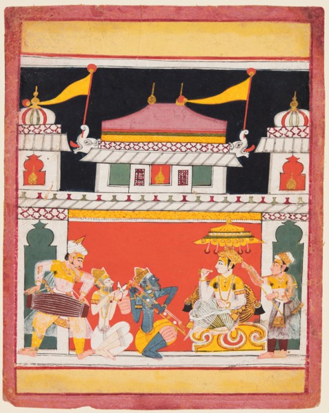 Shri Raga, from a Ragamala series; Three musicians perform before a noble, c. 1650. Central India,