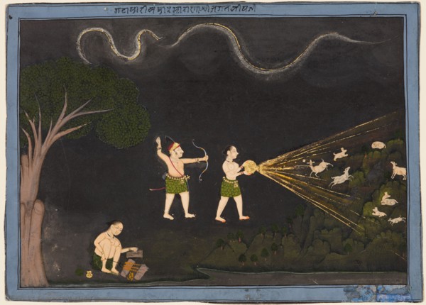 Maharana Jagat Singh dressed as a Bhil, hunting deer at night, c. 1735-40. India, Rajasthan, Mewar