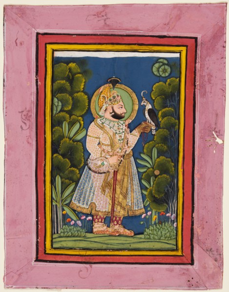 Maharana Jawan Singh (r. 1828-38) in a forest holding a hawk, c. 1835. Possibly by Ghasi (Indian,
