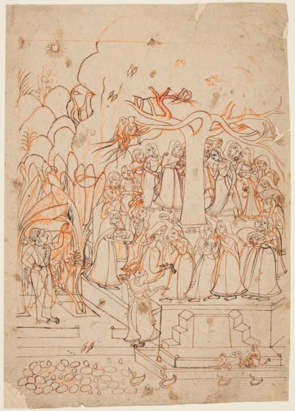 A leaf from a Baramasa series: the month Jyestha (May-June), Krishna watches the Gopis dancing