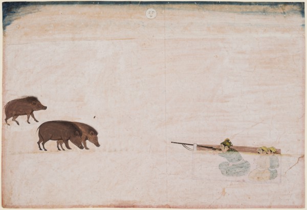 Raja Ram Chand of Amber ? hunting wild boar (r. 1667-1688), c. 1670. India, Rajasthan, Amber. Color