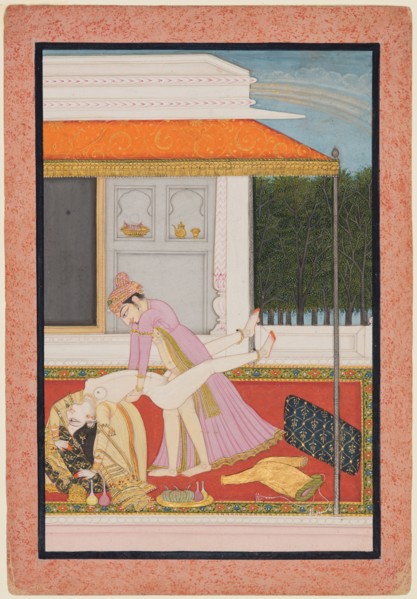 An amorous couple, probably Raja Mahendra Pal of Basohli (r. 1806- 1813) with a favorite Rani, c.