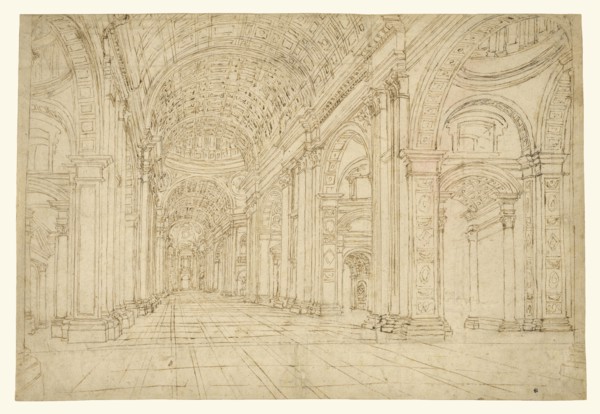 Interior of Saint Peter's Basilica; 17th century; Black chalk, pen and brown ink; 28.9 x 42.9 cm, 11 3,8 x 16 7,8 in