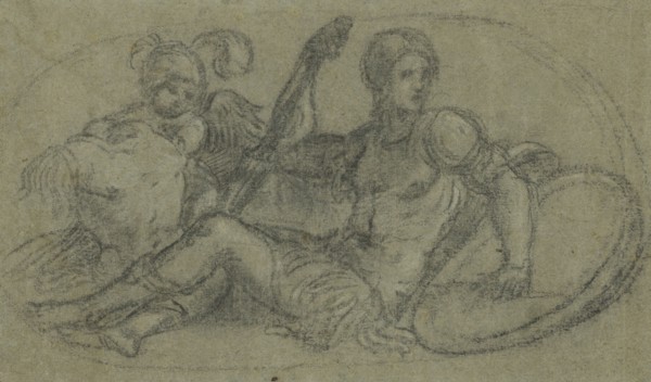 Seated Male Figure with Putto and Armor; Paris Bordone, Italian, Venetian, 1500 - 1571, Italy; about 1550; Black chalk on blue