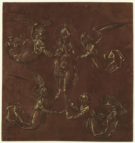 Mary Magdalene Transported by Four Angels; German, 15th century; about 1485 - 1490; Pen and black ink with white gouache