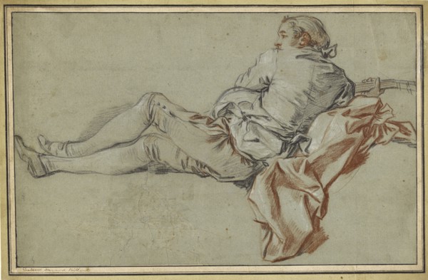 Reclining Male Figure; François Boucher, French, 1703 - 1770, 1736; Black, red and white chalk on blue paper; 27.9 x 44.1 cm