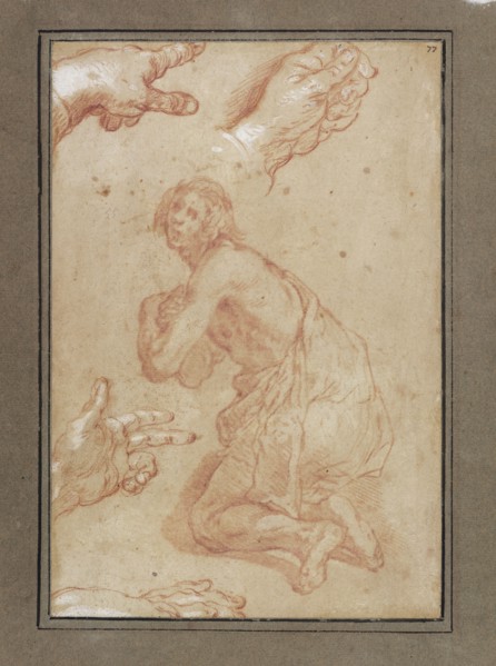 Three Studies of Women, recto, Four Studies of Hands and a Counterproof of a Kneeling Young Man, verso, Abraham Bloemaert