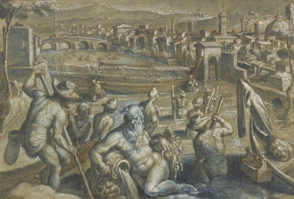 The Arno with Fishermen; Stradanus, Flemish, 1523 - 1605, Netherlands; between 1580 and 1596; Pen and brown ink, brown and blue