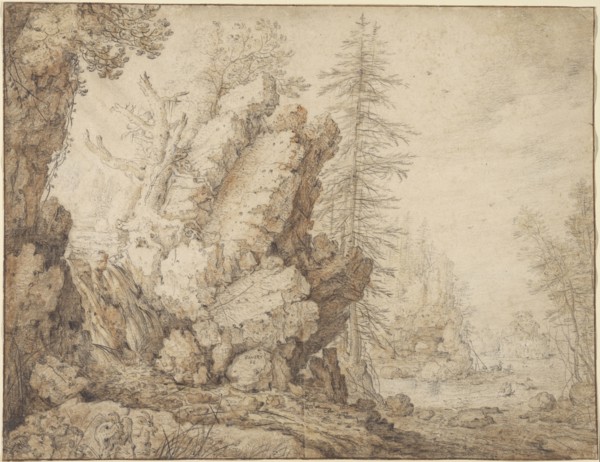 Landscape with Waterfall; Roelandt Savery, Flemish, 1576 - 1639, early 1620s; Black chalk and brush and red wash