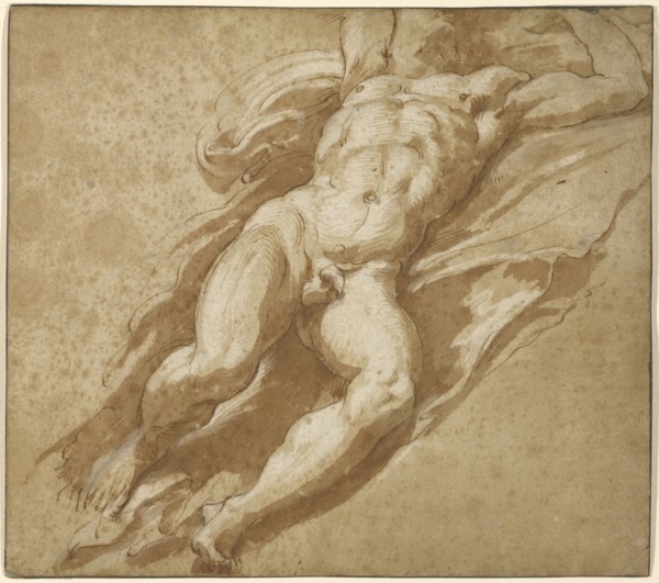 Figure Study; Parmigianino, Francesco Mazzola, Italian, 1503 - 1540, 1526–1527; Pen and brown ink, brown wash, with white