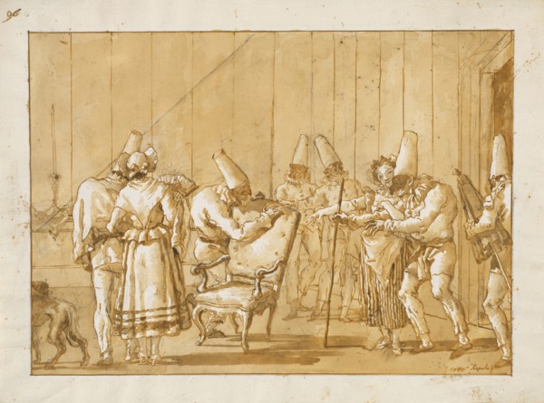 Punchinello Is Helped to a Chair; Giovanni Domenico Tiepolo, Italian, 1727 - 1804, Italy; about 1791; Pen and brown ink, brush