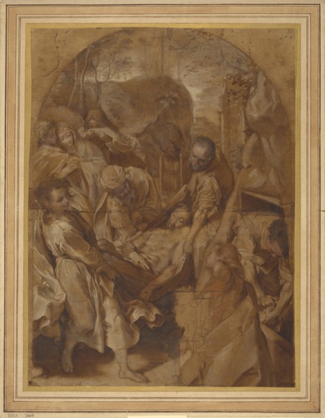 The Entombment; Federico Barocci, Italian, about 1535 - 1612, about 1579 - 1582; Black chalk and oil paint on oiled paper