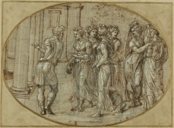 Odysseus and the Daughters of Lycomedes; Baldassare Peruzzi, Italian, 1481 - 1536, about 1520; Pen and brown ink, black chalk