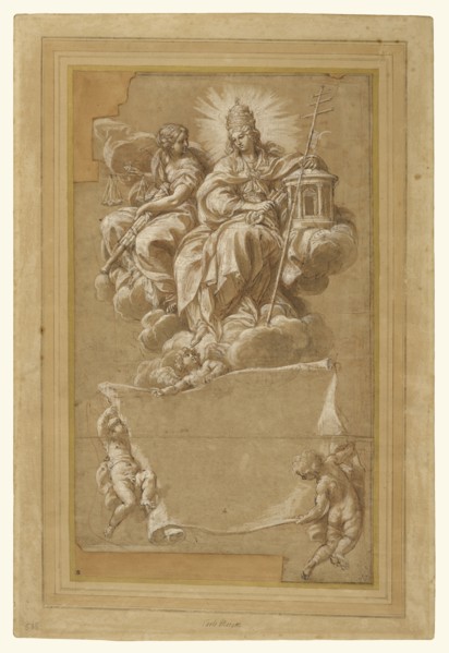 Faith and Justice Enthroned; Carlo Maratti, Italian, 1625 - 1713, Italy; about 1676; Pen and brown ink, brown wash, red chalk