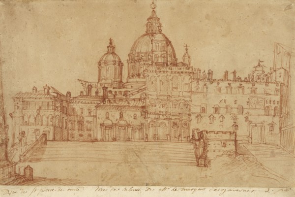 View of Saint Peter's, recto, Study of a Young Man, verso, Federico Zuccaro, Italian, about 1541 - 1609, Italy; 1603; Red