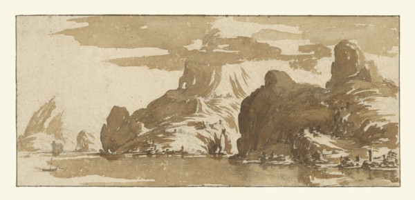 A View of Mountains across a Lake; Jacques Callot, French, 1592 - 1635, about 1632; Brush and brown wash over black chalk