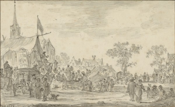 A Village Festival with Musicians Playing Outside a Tent; Jan van Goyen, Dutch, 1596 - 1656, 1653; Black chalk and gray wash