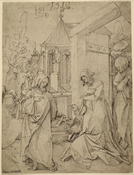 Christ Taking Leave of His Mother; Hans Schäufelein, German, 1480,1485 - 1540, 1510; Pen and brown ink and black chalk