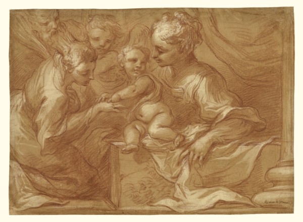 Mystic Marriage of Saint Catherine; Bartolomeo Biscaino, Italian, 1632 - 1657, Italy; about 1655; Red chalk with white gouache
