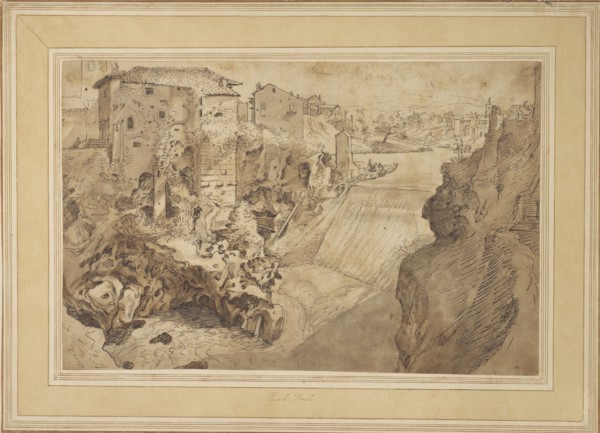 View of Tivoli; Sebastian Vrancx, Flemish, 1573 - 1647, France; about 1600; Black chalk, pen and brown ink, gray and brown wash