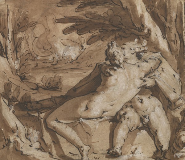 Embracing Couple, Mercury and Lara?, Jan Harmensz. Muller, Dutch, 1571 - 1628, 1588 - about 1594; Black chalk, pen and brown