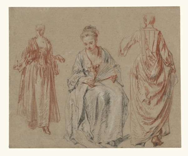 Studies of Three Women; Jean-Antoine Watteau, French, 1684 - 1721, France; about 1716 - 1717; Red, black, and white chalk