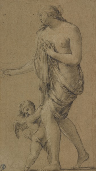 Study of a Female Figure with a Putto, recto, Study of a Male Nude, verso, Simon Vouet, French, 1590 - 1649, France