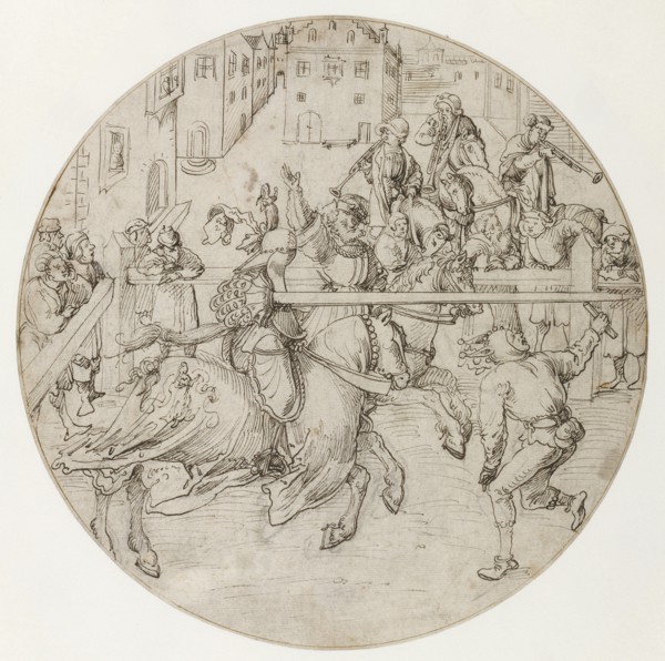 Tournament Scene; Jörg Breu the Elder, German, about 1475,1476 - 1537, Germany; about 1510 - 1515; Pen and black ink over black