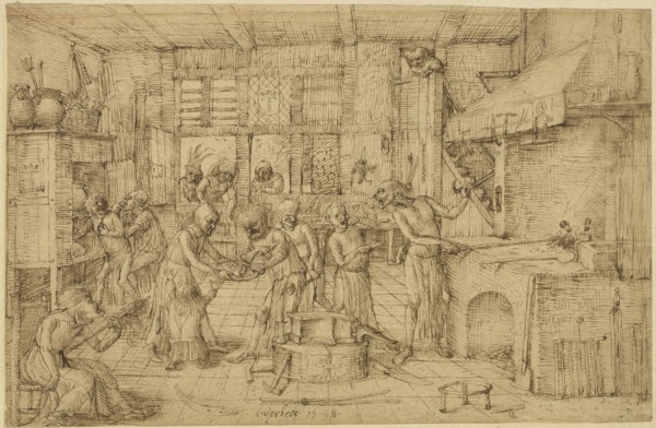 A Scene in a Forge; Jan Verbeeck, Flemish, active about 1548 - 1560, 1548; Pen and brown ink; 18.4 x 27.9 cm, 7 1,4 x 11 in