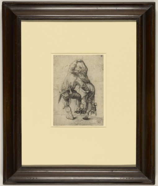 Dancing Peasant Couple; Urs Graf, Swiss, about 1485 - 1527, 1525; Pen and gray and black ink; pricked for transfer recto