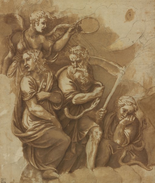 Victory, Janus, Chronos & Gaea; Giulio Romano, Giulio Pippi, Italian, before 1499 - 1546, about 1532 - 1534; Pen and brown ink