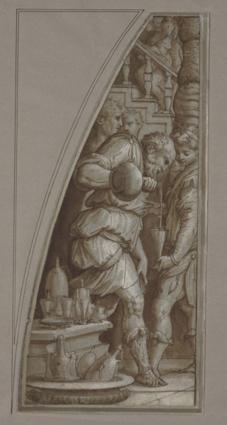 Bearded Man Filling a Glass; Giorgio Vasari, Italian, 1511 - 1574, about 1544 - 1545; Pen and brown ink and brown wash over
