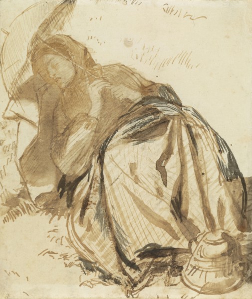 Portrait of Elizabeth Siddal Resting, Holding a Parasol; Dante Gabriel Rossetti, British, 1828 - 1882, about 1852 - 1855; Pen