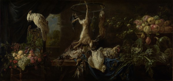 Still Life: Game, Vegetables, Fruit, Cockatoo; Adriaen van Utrecht, Flemish, 1599 - 1652, 1650; Oil on canvas; 120 × 250.5 cm