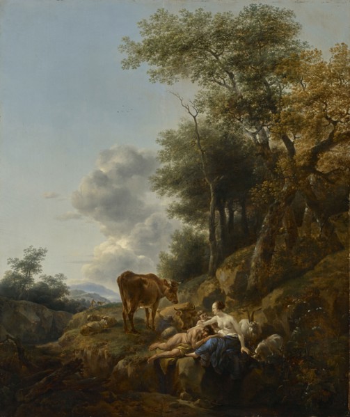 Landscape with a Nymph and a Satyr; Nicolaes Berchem, Dutch, 1620 - 1683, 1647?; Oil on panel; 69.9 × 58.7 cm
