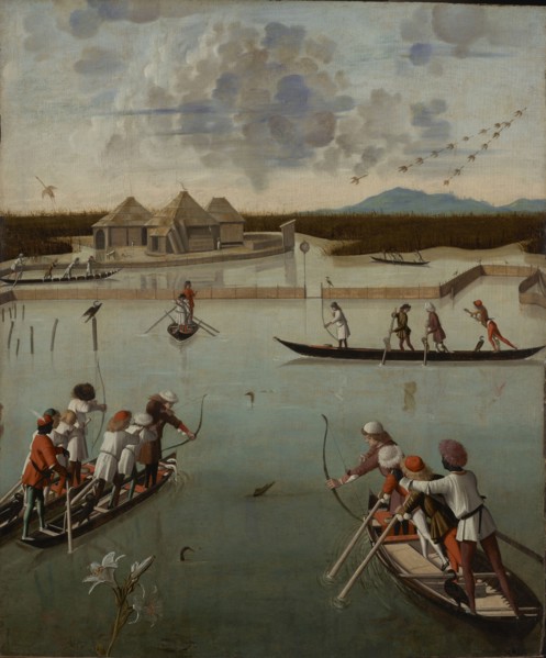 Hunting on the Lagoon, recto, Letter Rack, verso, Vittore Carpaccio, Italian, about 1460 - 1526, Venice, Veneto, Italy