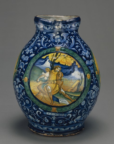 Berretino Jug with a Musical Theme; Faenza, Emilia-Romagna, Italy; 1536; Tin-glazed earthenware; 32.5 x 13.3 x 26 cm