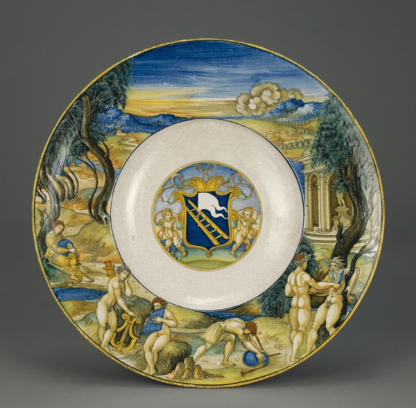 Armorial Plate with the Flaying of Marsyas; Nicola di Gabrielle Sbraghe, or Sbraga, known as Nicola da Urbino, Italian